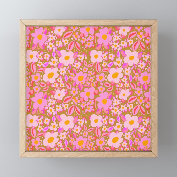 Retro vintage pink daisies pattern  Mini Art Print Gallery Image 1