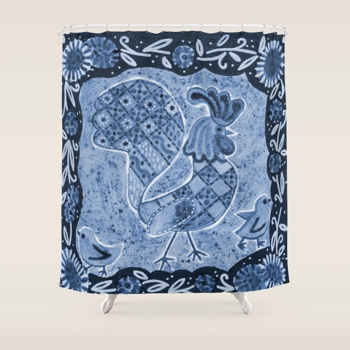 Rooster Painting in Navy Blue - Folk Art Style Shower Curtain Gallery Image 1