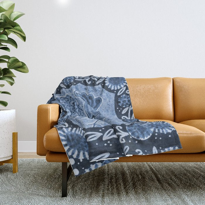 Rooster Painting in Navy Blue - Folk Art Style Throw Blanket Gallery Image 1
