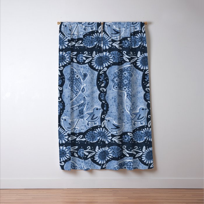 Rooster Painting in Navy Blue - Folk Art Style Window Curtain Gallery Image 3