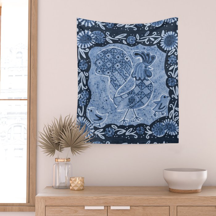 Rooster Painting in Navy Blue - Folk Art Style Wall Tapestry Gallery Image 2