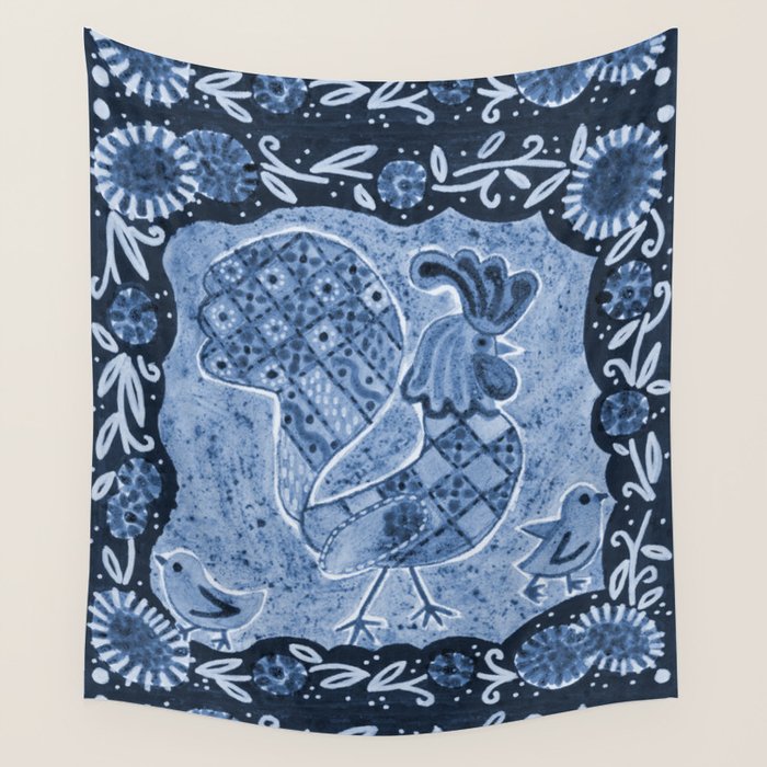 Rooster Painting in Navy Blue - Folk Art Style Wall Tapestry Gallery Image 4