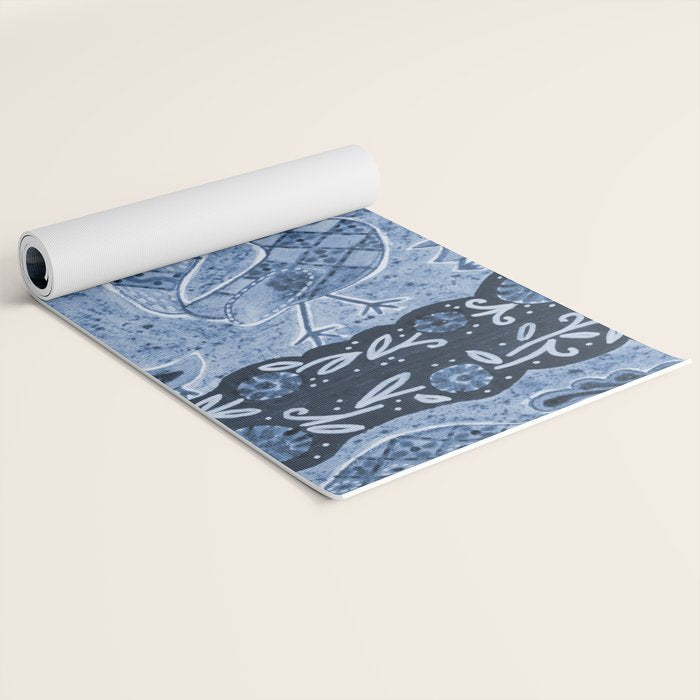 Rooster Painting in Navy Blue - Folk Art Style Yoga Mat Gallery Image 2