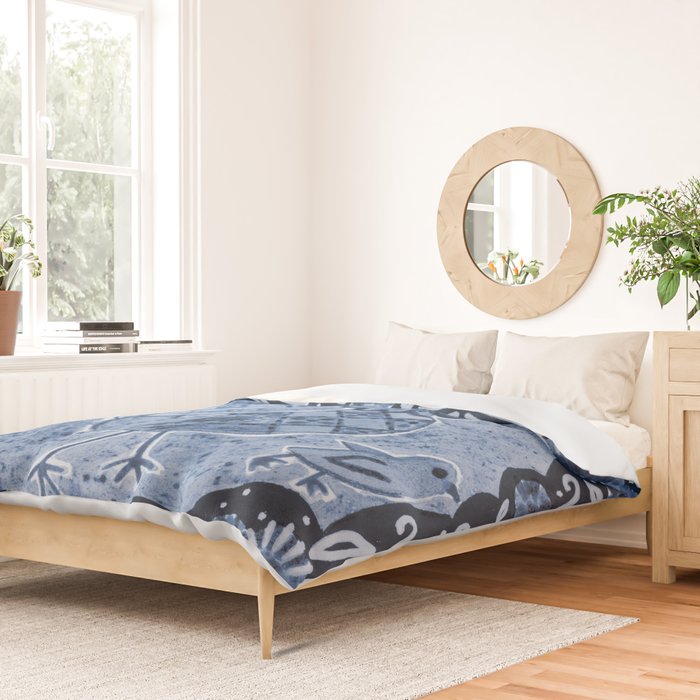 Rooster Painting in Navy Blue - Folk Art Style Duvet Cover Gallery Image 2