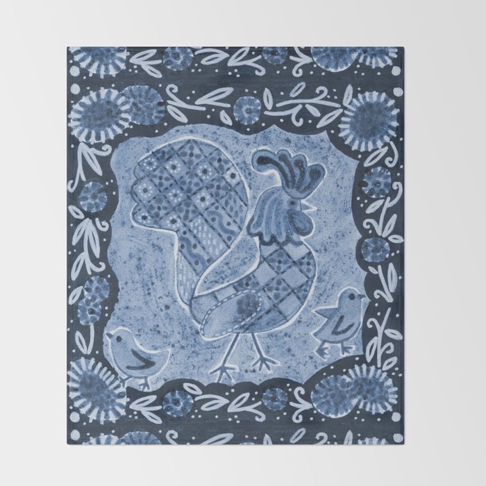 Rooster Painting in Navy Blue - Folk Art Style Throw Blanket Gallery Image 2
