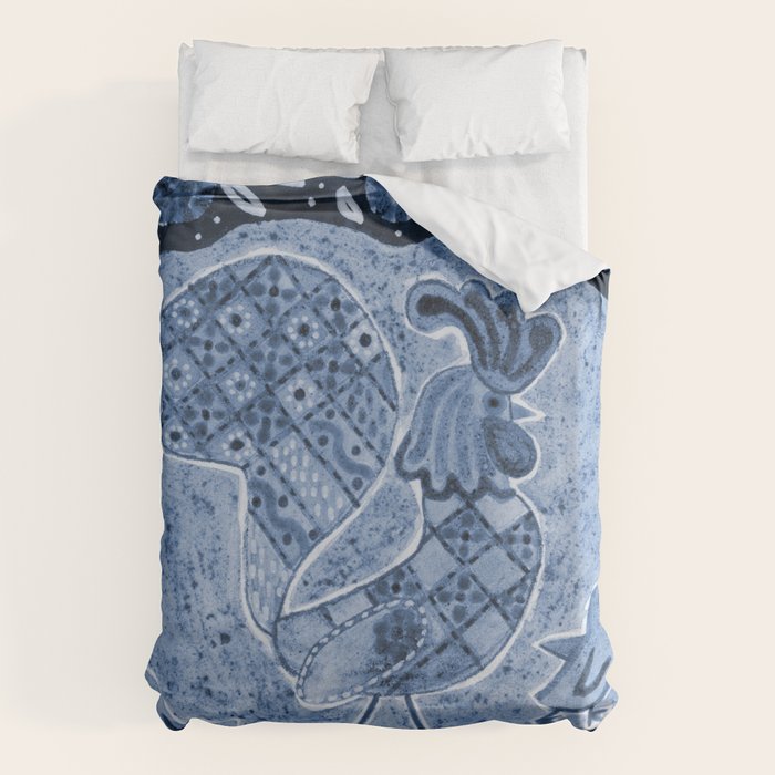 Rooster Painting in Navy Blue - Folk Art Style Duvet Cover Gallery Image 6