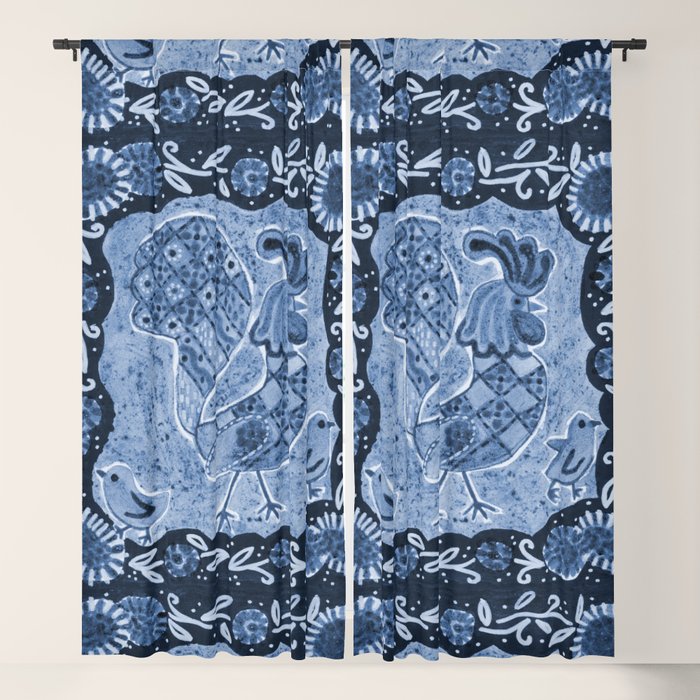 Rooster Painting in Navy Blue - Folk Art Style Window Curtain Gallery Image 1