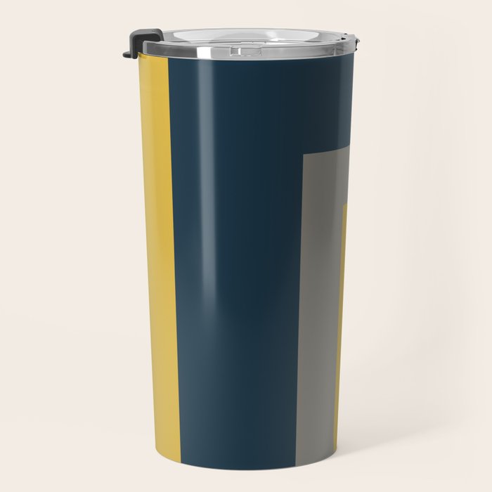 Half Frame Minimalist Pattern in Deep Mustard Yellow, Navy Blue, Gray, and White Travel Mug Gallery Image 3