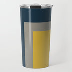 Half Frame Minimalist Pattern in Deep Mustard Yellow, Navy Blue, Gray, and White Travel Mug Gallery Image 1
