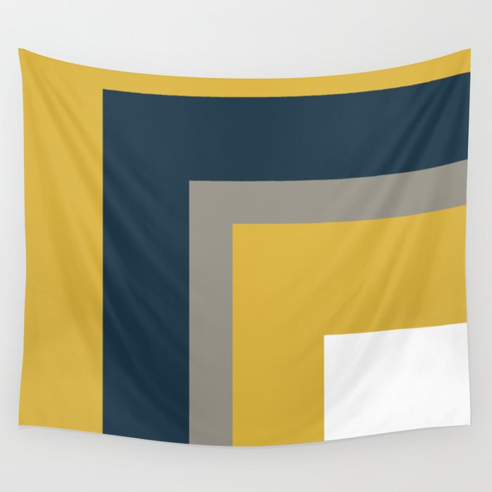Half Frame Minimalist Pattern in Deep Mustard Yellow, Navy Blue, Gray, and White Wall Tapestry Gallery Image 1