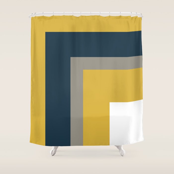 Half Frame Minimalist Pattern in Deep Mustard Yellow, Navy Blue, Gray, and White Shower Curtain Gallery Image 1