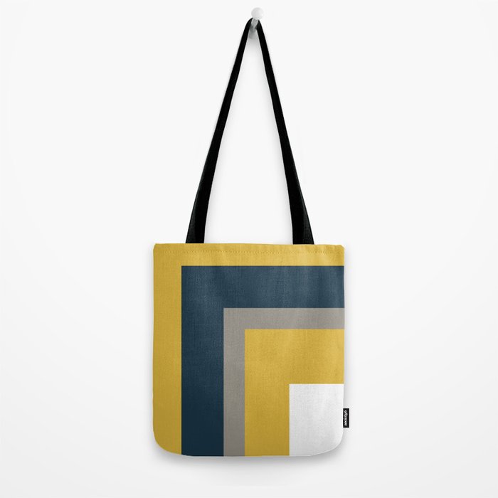 Half Frame Minimalist Pattern in Deep Mustard Yellow, Navy Blue, Gray, and White Tote Bag Gallery Image 2