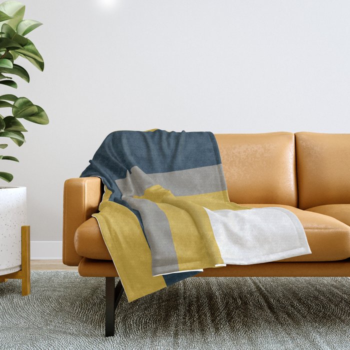 Half Frame Minimalist Pattern in Deep Mustard Yellow, Navy Blue, Gray, and White Throw Blanket Gallery Image 1