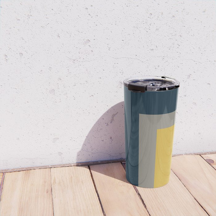 Half Frame Minimalist Pattern in Deep Mustard Yellow, Navy Blue, Gray, and White Travel Mug Gallery Image 4
