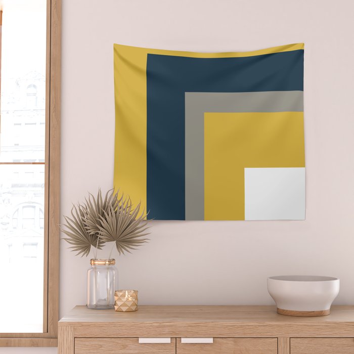 Half Frame Minimalist Pattern in Deep Mustard Yellow, Navy Blue, Gray, and White Wall Tapestry Gallery Image 2
