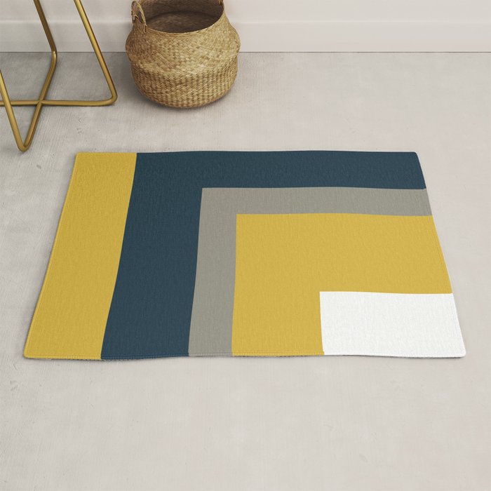 Half Frame Minimalist Pattern in Deep Mustard Yellow, Navy Blue, Gray, and White Rug Gallery Image 1