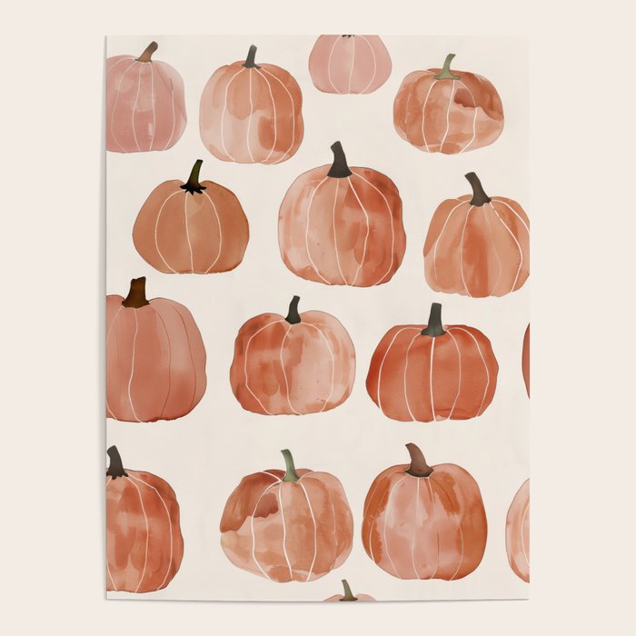 Boho Autumn Cute Pumpkins Cozy Fall Watercolor Illustration Poster Gallery Image 1