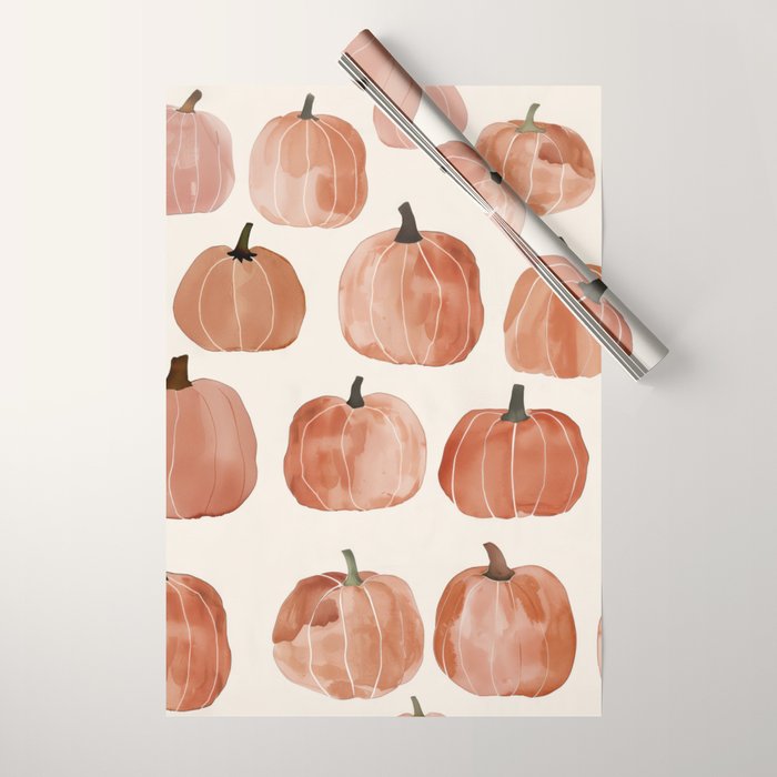 Boho Autumn Cute Pumpkins Cozy Fall Watercolor Illustration Wrapping Paper Gallery Image 1