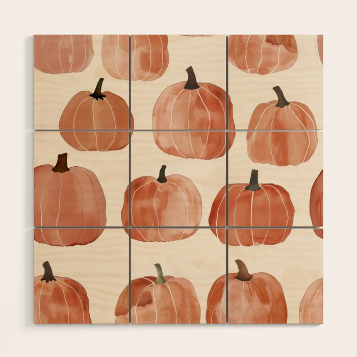 Boho Autumn Cute Pumpkins Cozy Fall Watercolor Illustration Wood Wall Art Gallery Image 1
