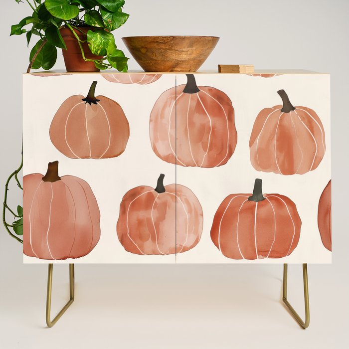 Boho Autumn Cute Pumpkins Cozy Fall Watercolor Illustration Credenza Gallery Image 1