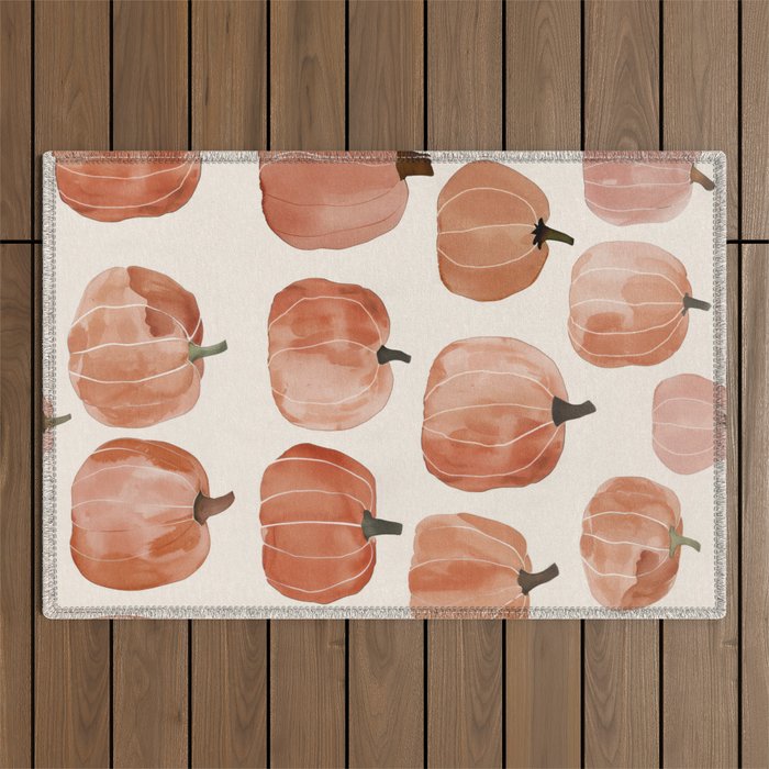 Boho Autumn Cute Pumpkins Cozy Fall Watercolor Illustration Outdoor Rug Gallery Image 1