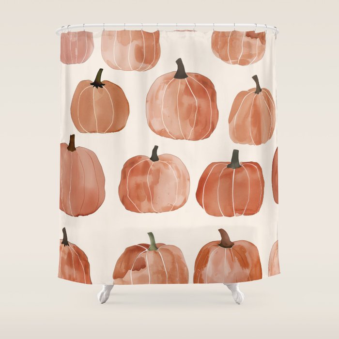 Boho Autumn Cute Pumpkins Cozy Fall Watercolor Illustration Shower Curtain Gallery Image 1