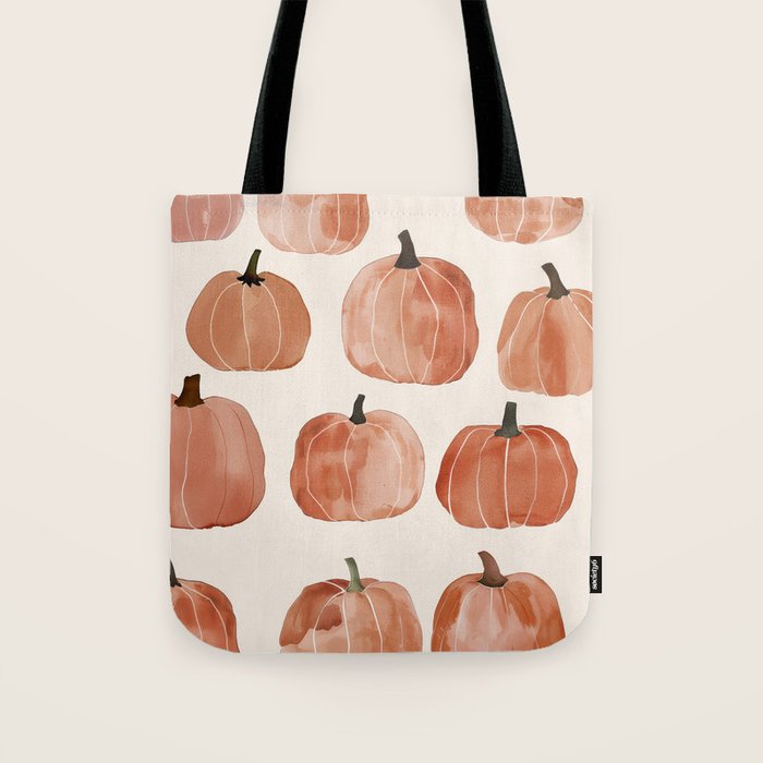 Boho Autumn Cute Pumpkins Cozy Fall Watercolor Illustration Tote Bag Gallery Image 1