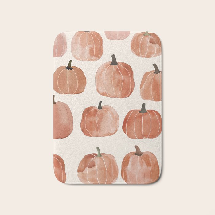 Boho Autumn Cute Pumpkins Cozy Fall Watercolor Illustration Bath Mat Gallery Image 1