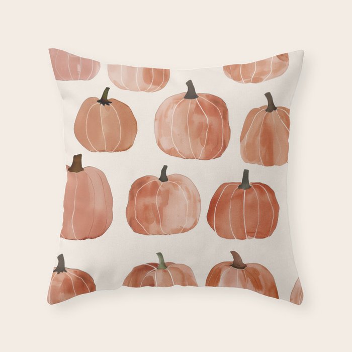 Boho Autumn Cute Pumpkins Cozy Fall Watercolor Illustration Throw Pillow Gallery Image 6