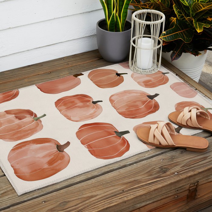 Boho Autumn Cute Pumpkins Cozy Fall Watercolor Illustration Outdoor Rug Gallery Image 2