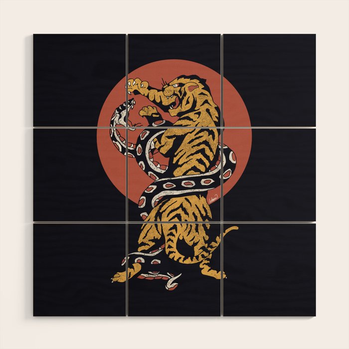 Classic Tattoo Snake vs Tiger Wood Wall Art Gallery Image 1