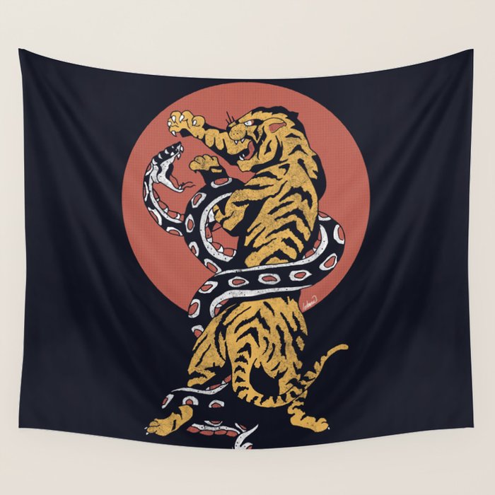 Classic Tattoo Snake vs Tiger Wall Tapestry Gallery Image 1