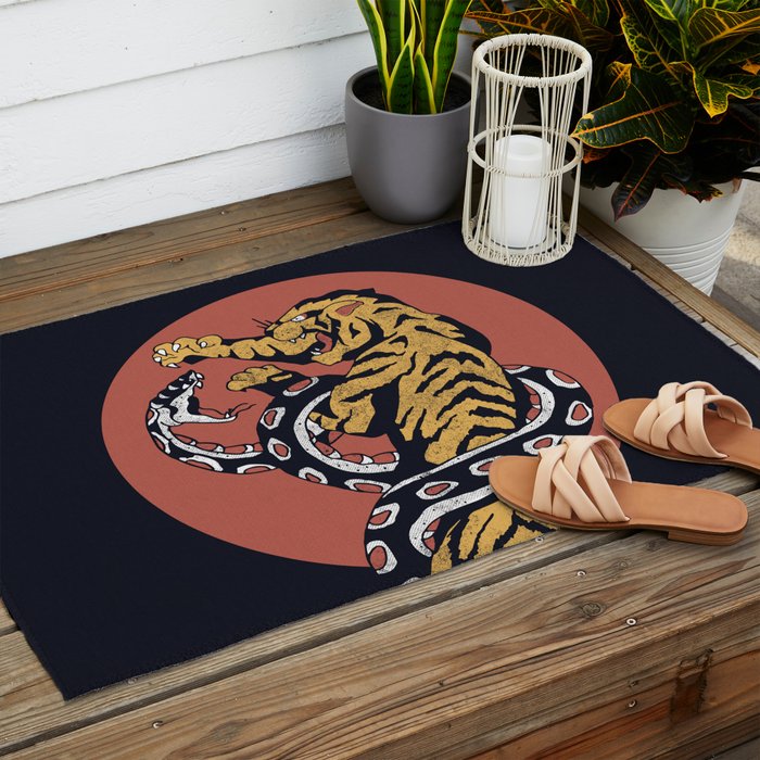 Classic Tattoo Snake vs Tiger Outdoor Rug Gallery Image 2