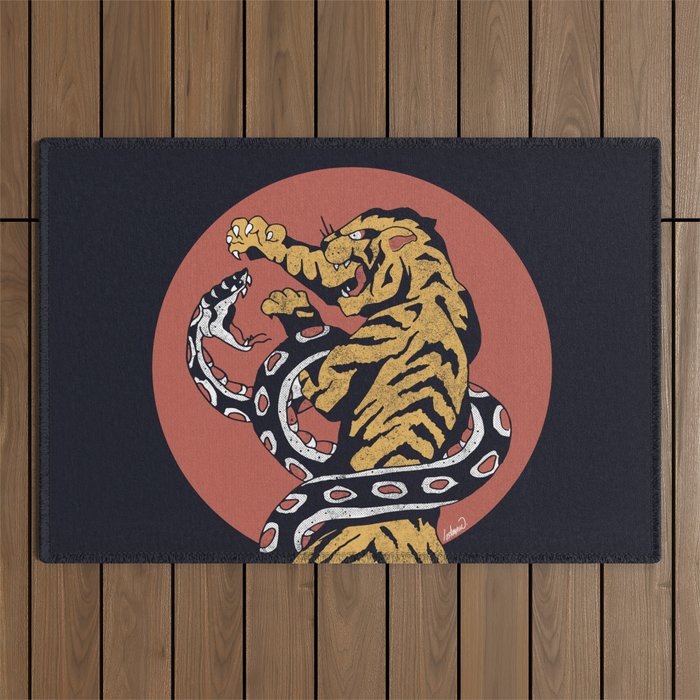 Classic Tattoo Snake vs Tiger Outdoor Rug Gallery Image 1