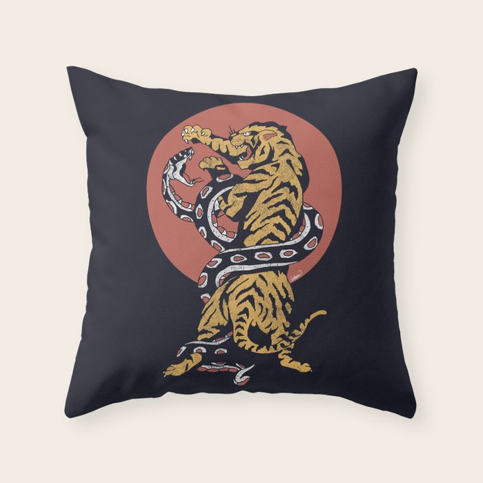 Classic Tattoo Snake vs Tiger Throw Pillow Gallery Image 1