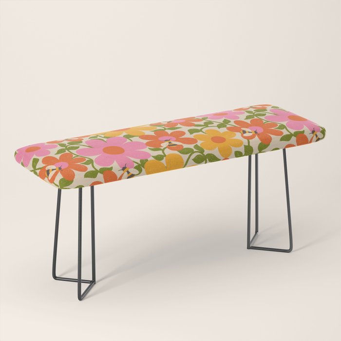 Bright Flowers and Bees Yellow Pink Orange Green Floral Bench Gallery Image 1