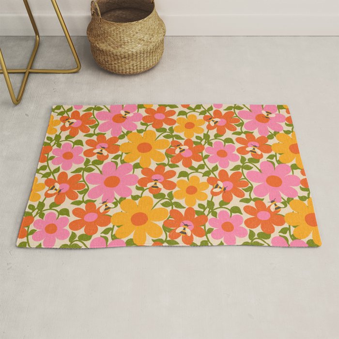 Bright Flowers and Bees Yellow Pink Orange Green Floral Rug Gallery Image 1
