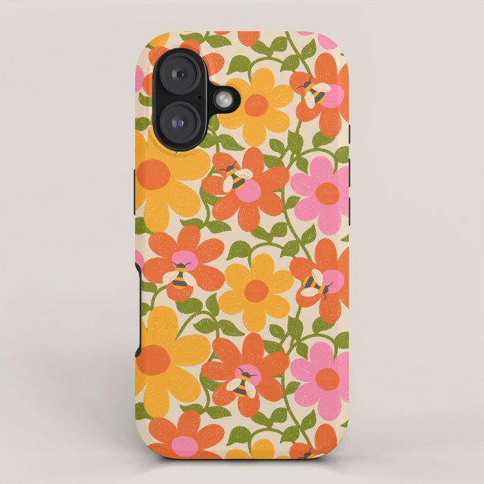 Bright Flowers and Bees Yellow Pink Orange Green Floral iPhone Case Gallery Image 1