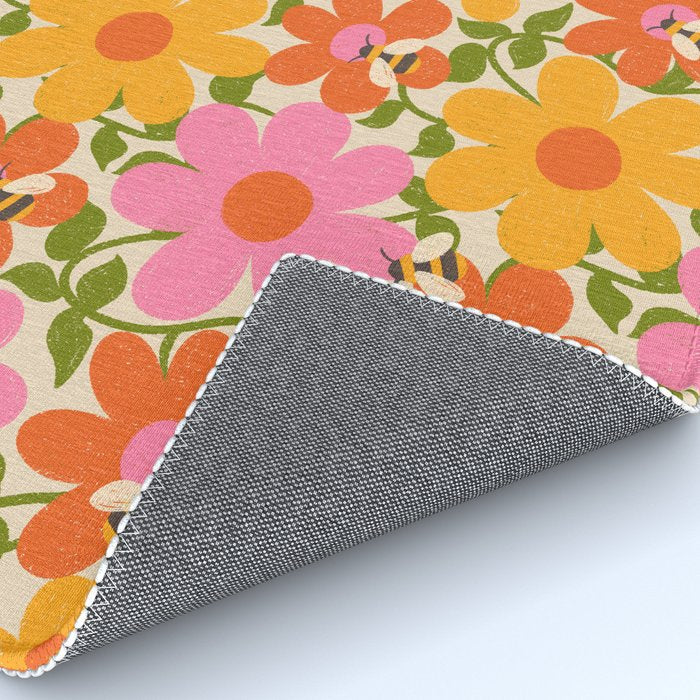 Bright Flowers and Bees Yellow Pink Orange Green Floral Rug Gallery Image 4