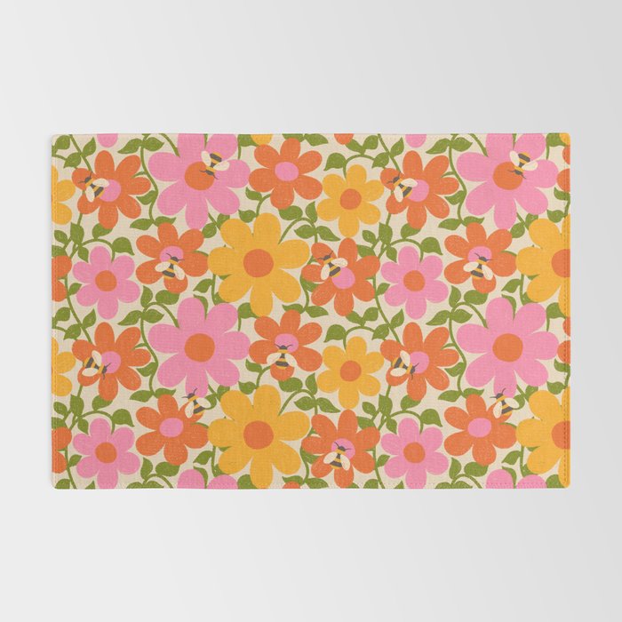 Bright Flowers and Bees Yellow Pink Orange Green Floral Rug Gallery Image 2