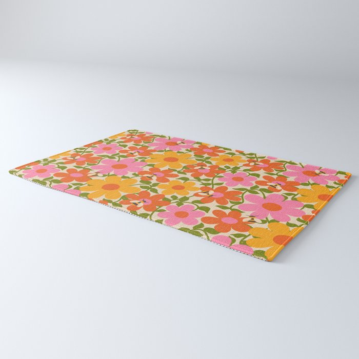 Bright Flowers and Bees Yellow Pink Orange Green Floral Rug Gallery Image 3