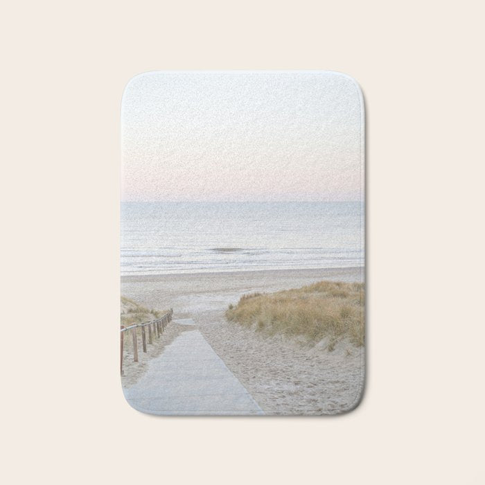 Beach Walk At Sunrise Photo | Dutch Coast Travel Photography Art Print | Egmond Aan Zee Holland In Pastel Colors Bath Mat Gallery Image 1