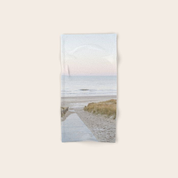 Beach Walk At Sunrise Photo | Dutch Coast Travel Photography Art Print | Egmond Aan Zee Holland In Pastel Colors Bath Towel Gallery Image 1