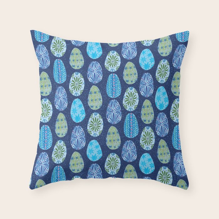 Colorful Folk Art Easter Eggs in Teal & Navy Blue Throw Pillow Gallery Image 1