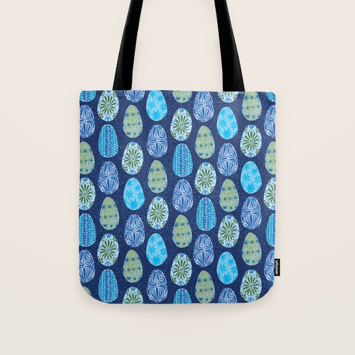 Colorful Folk Art Easter Eggs in Teal & Navy Blue Tote Bag Gallery Image 1