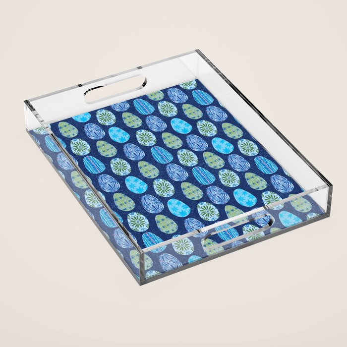 Colorful Folk Art Easter Eggs in Teal & Navy Blue Acrylic Tray Gallery Image 1