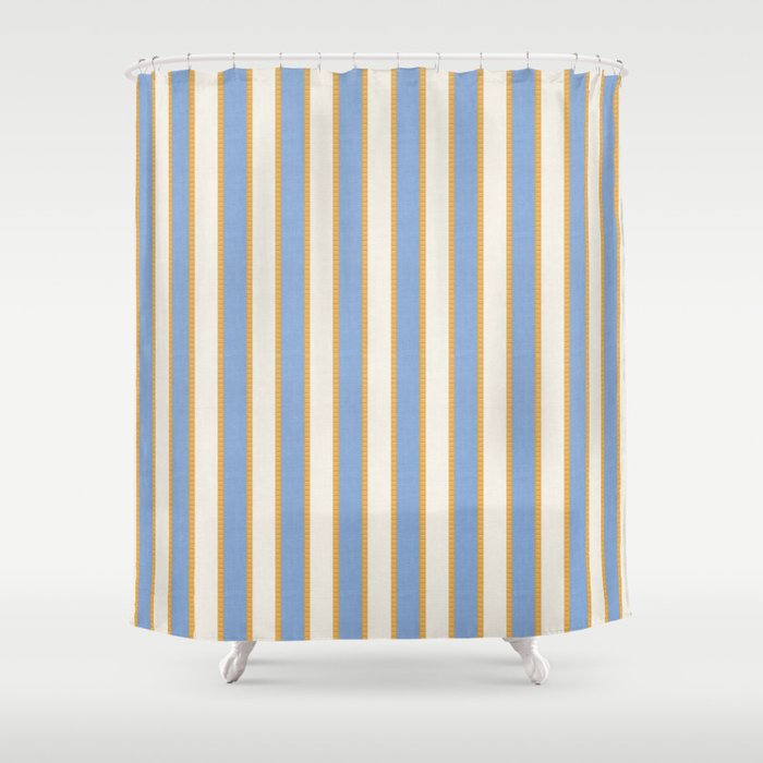 Vintage Cabana Stripe Pastel Blue And Gold Retro Coastal Beach Vibe Shower Curtain Gallery Image 1