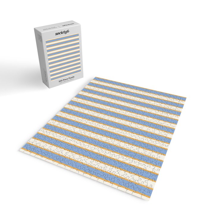 Vintage Cabana Stripe Pastel Blue And Gold Retro Coastal Beach Vibe Jigsaw Puzzle Gallery Image 2
