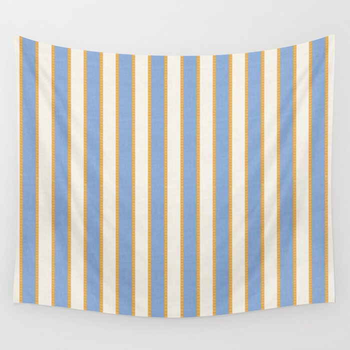 Vintage Cabana Stripe Pastel Blue And Gold Retro Coastal Beach Vibe Wall Tapestry Gallery Image 1