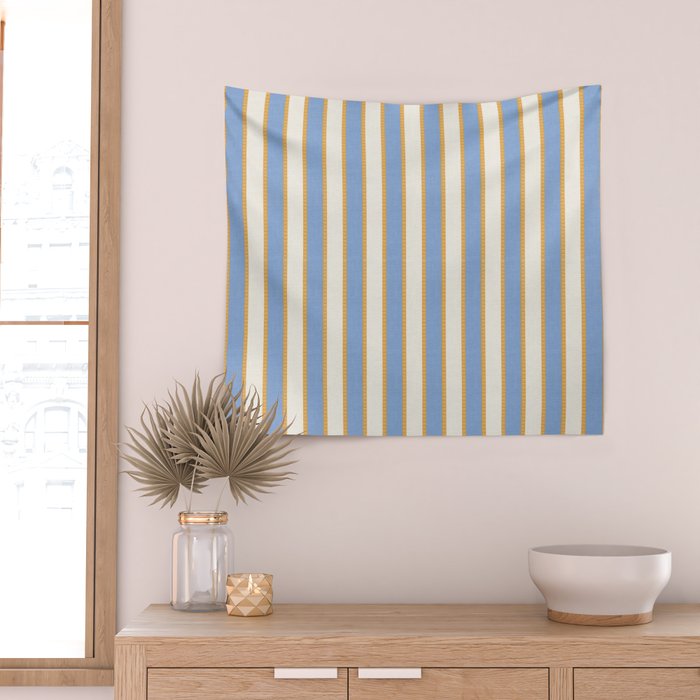 Vintage Cabana Stripe Pastel Blue And Gold Retro Coastal Beach Vibe Wall Tapestry Gallery Image 2